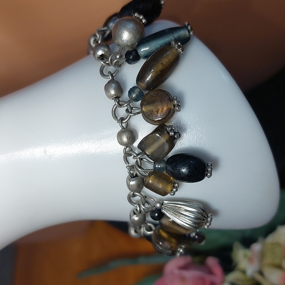 Silvertone Glass Bead Charm Bracelet Brown Stone Leaf Boho - Picture 3 of 6